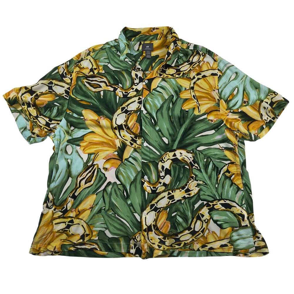 H&M Mens XXL Green Yellow Snake Tropical Leaf Viscose Button Up Camp Shirt